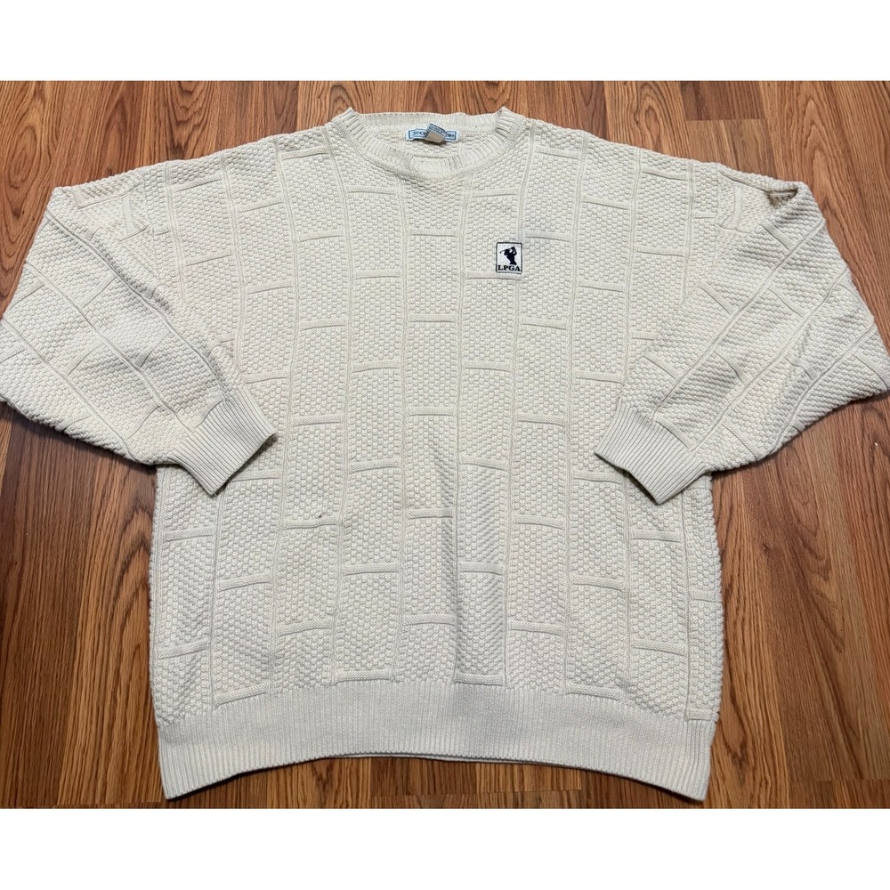 Izod Club Sweater Womens XL LPGA Cotton Textured Knit Golf Cream Pullover